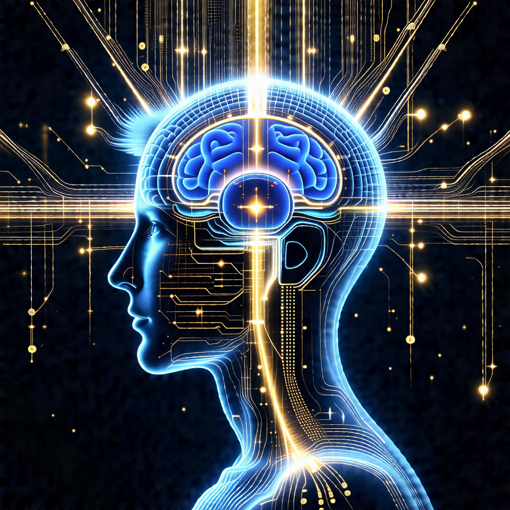 Close-up of a human head with a blue and yellow brain