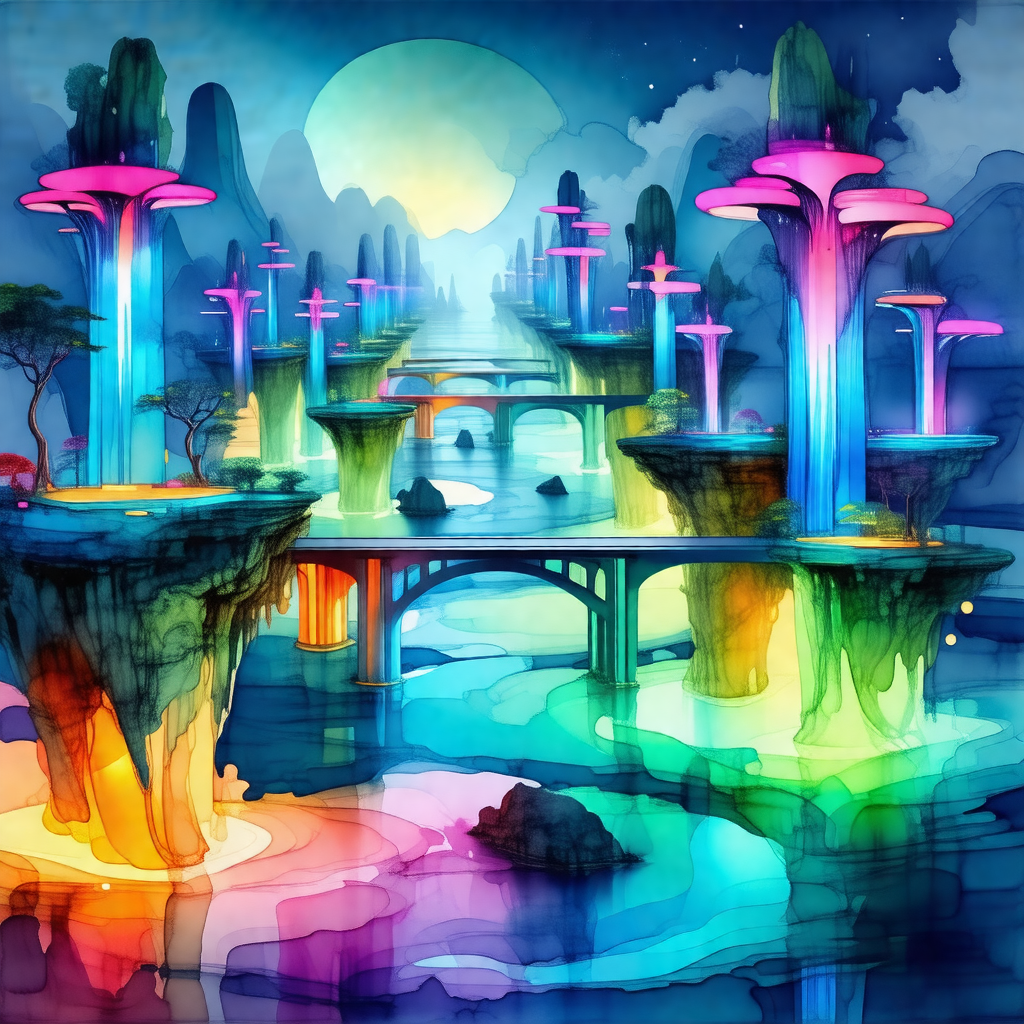Colorful and imaginative painting of a city underwater