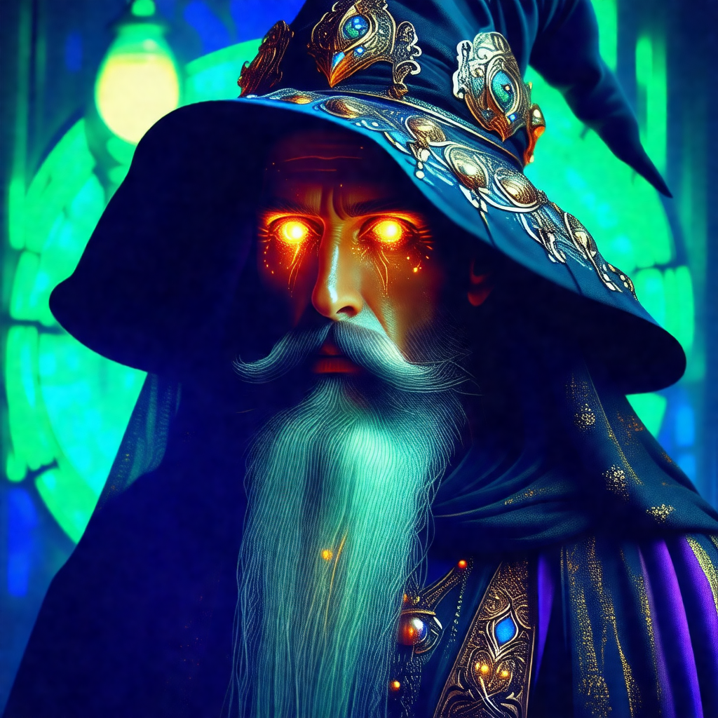 Man with a long beard and a wizard's hat, standing in fro...