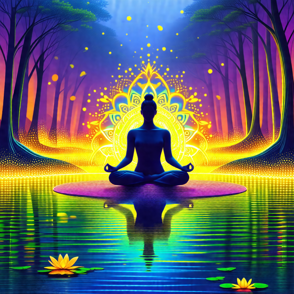 Woman sitting in a lotus position on a platform in the mi...