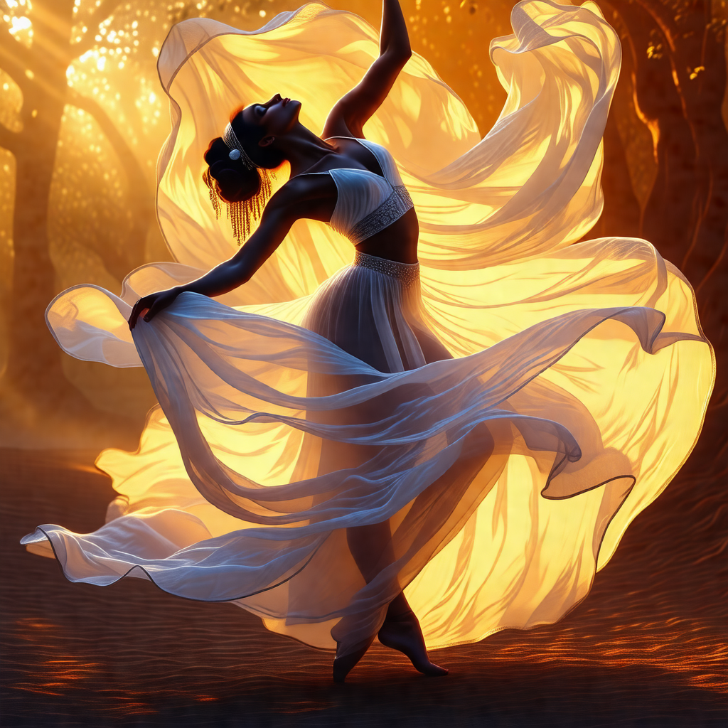 Woman in a white dress, dancing in a forest setting