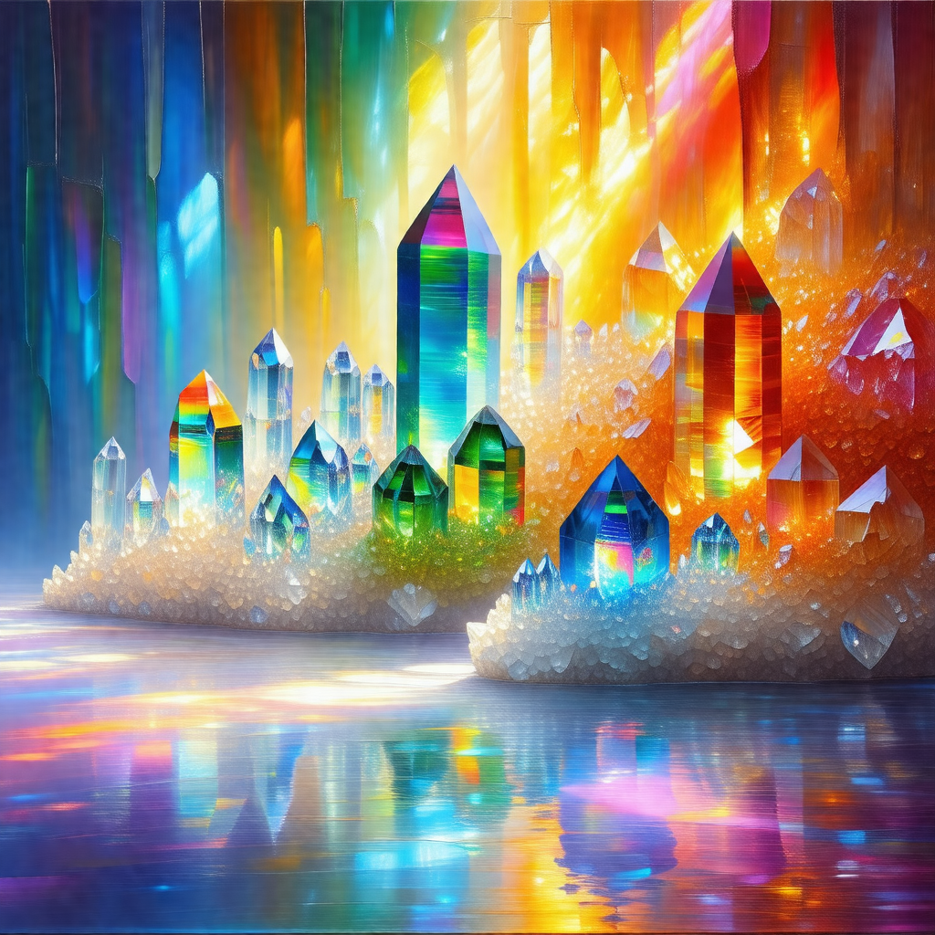 Colorful painting of a city with a variety of buildings a...