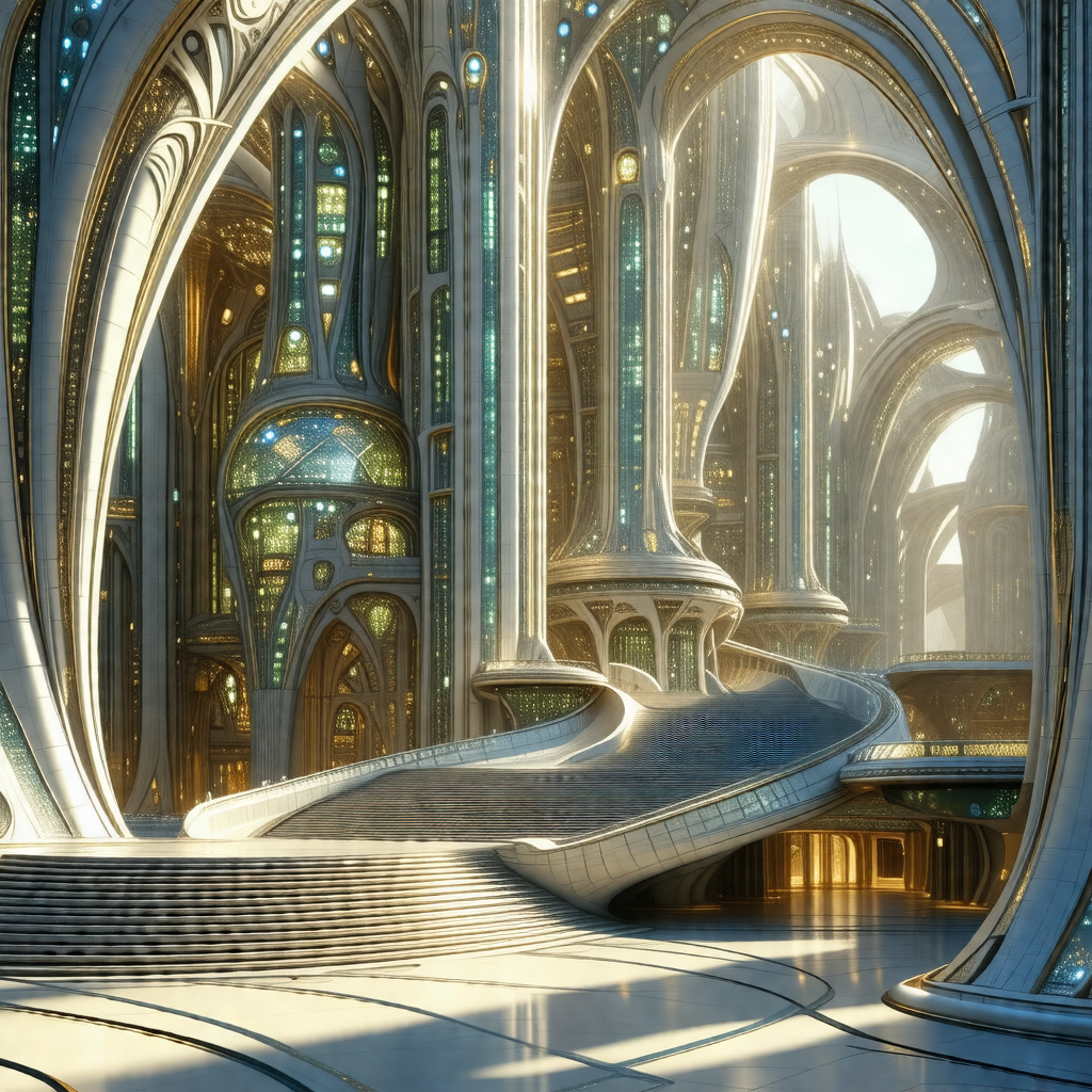 Futuristic cityscape with a large, white, and curved buil...