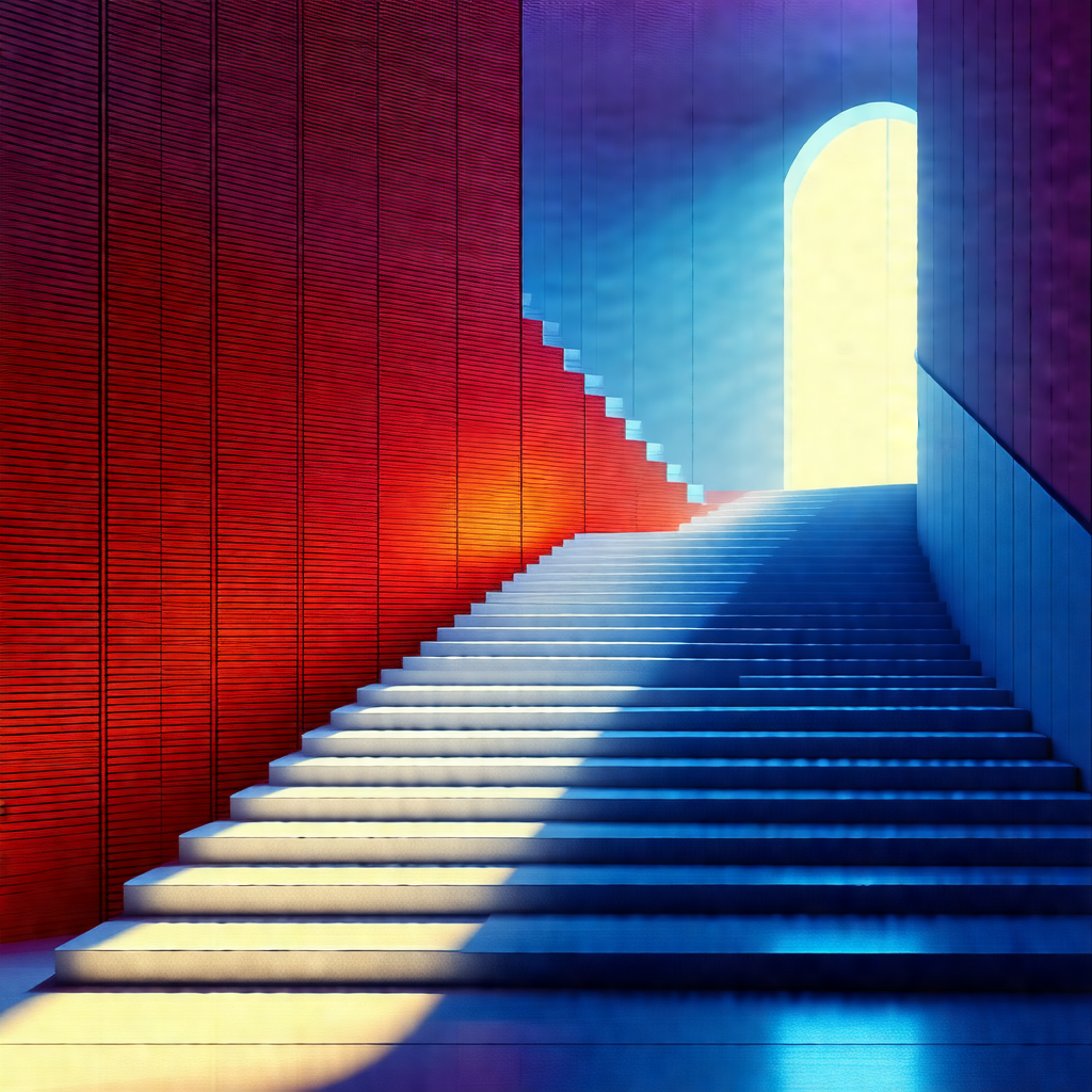 Staircase with a blue and red color scheme