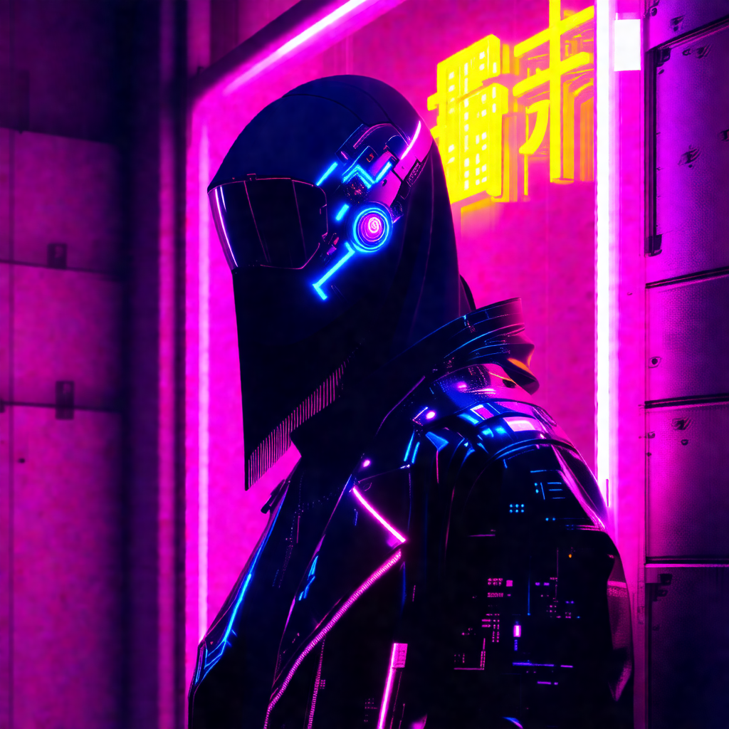 Person wearing a futuristic, black and blue outfit with a...