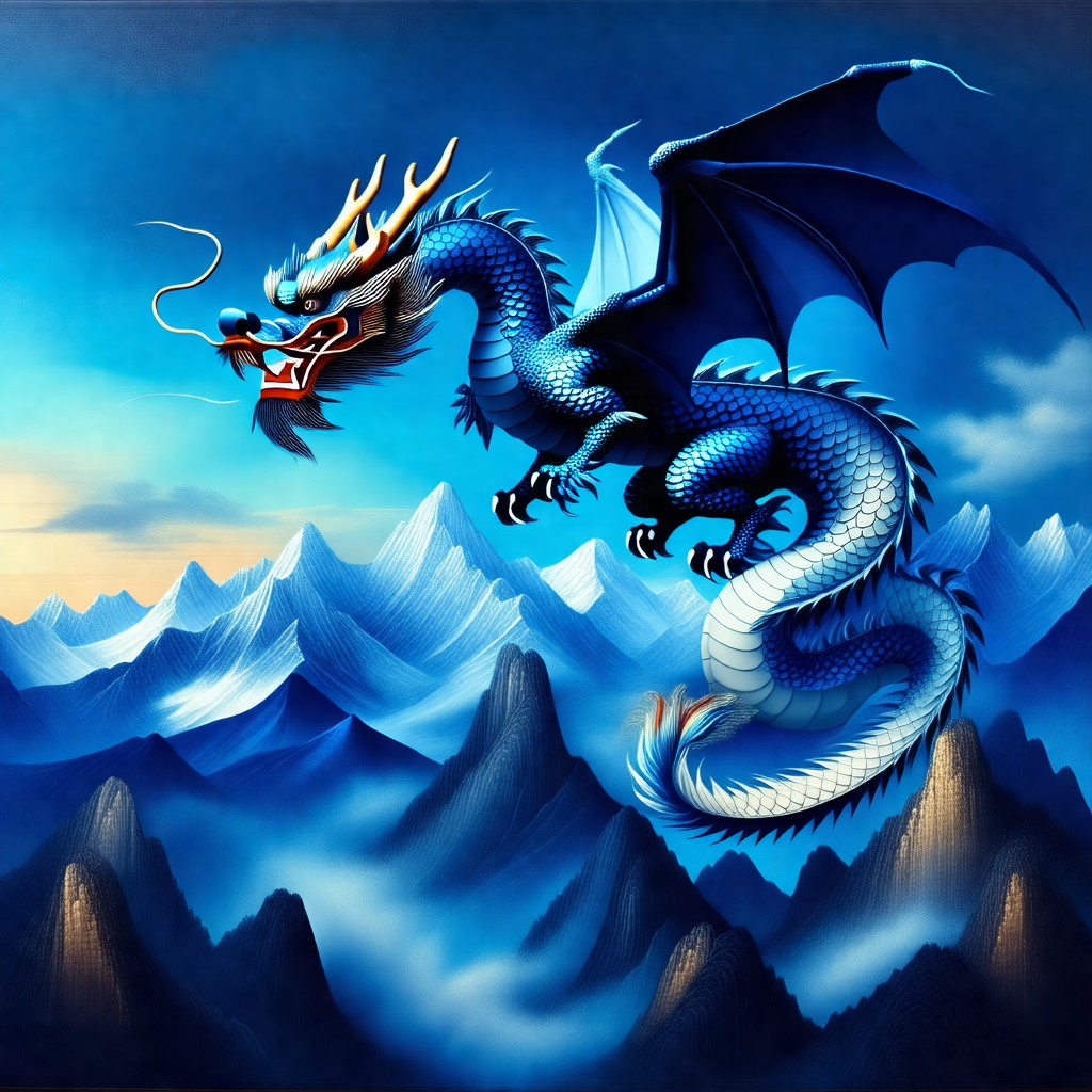 Large blue dragon flying through the sky, with its wings ...