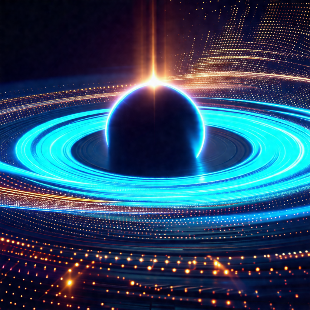 Large, brightly lit, blue circle with a black center