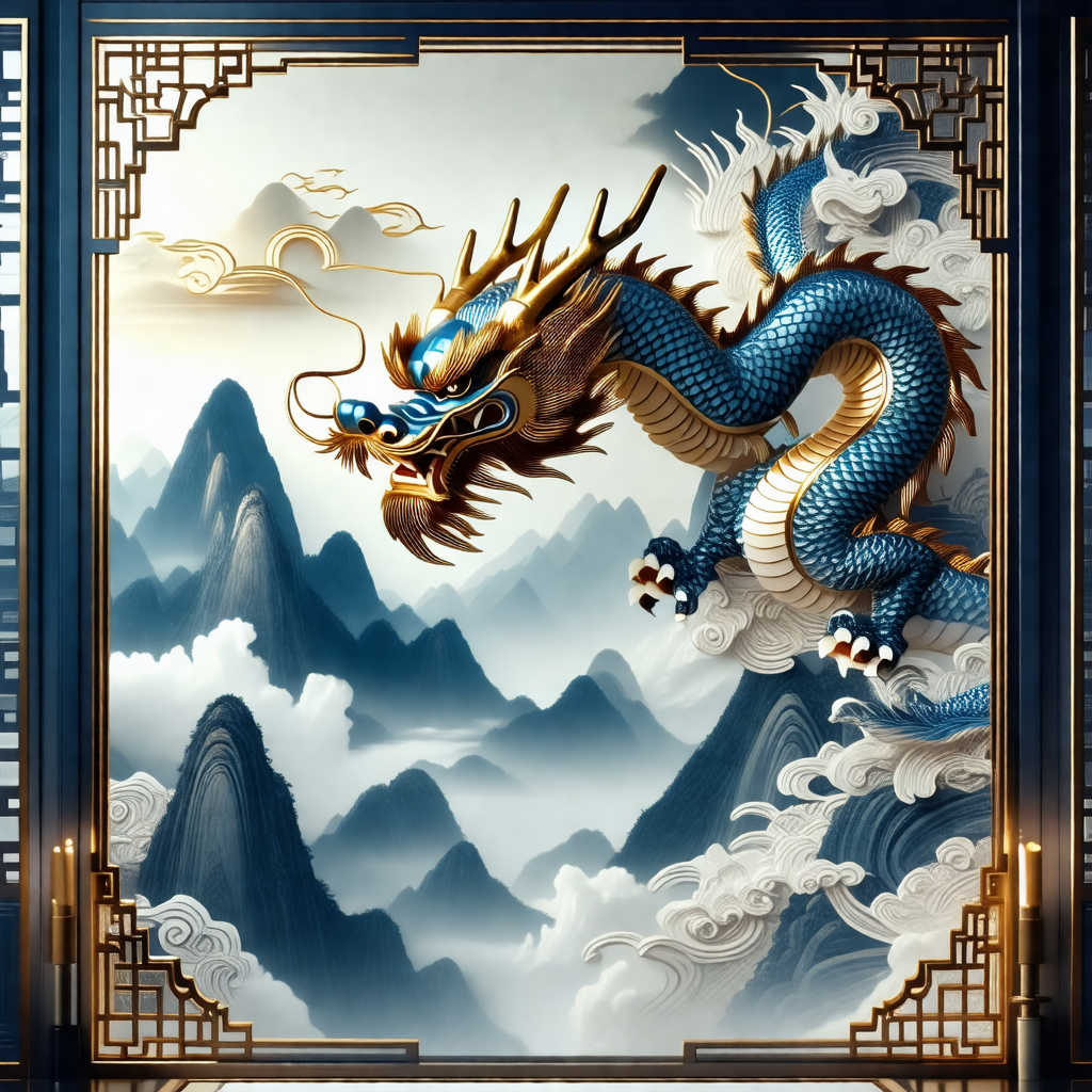Large, colorful dragon with a golden body and blue scales...