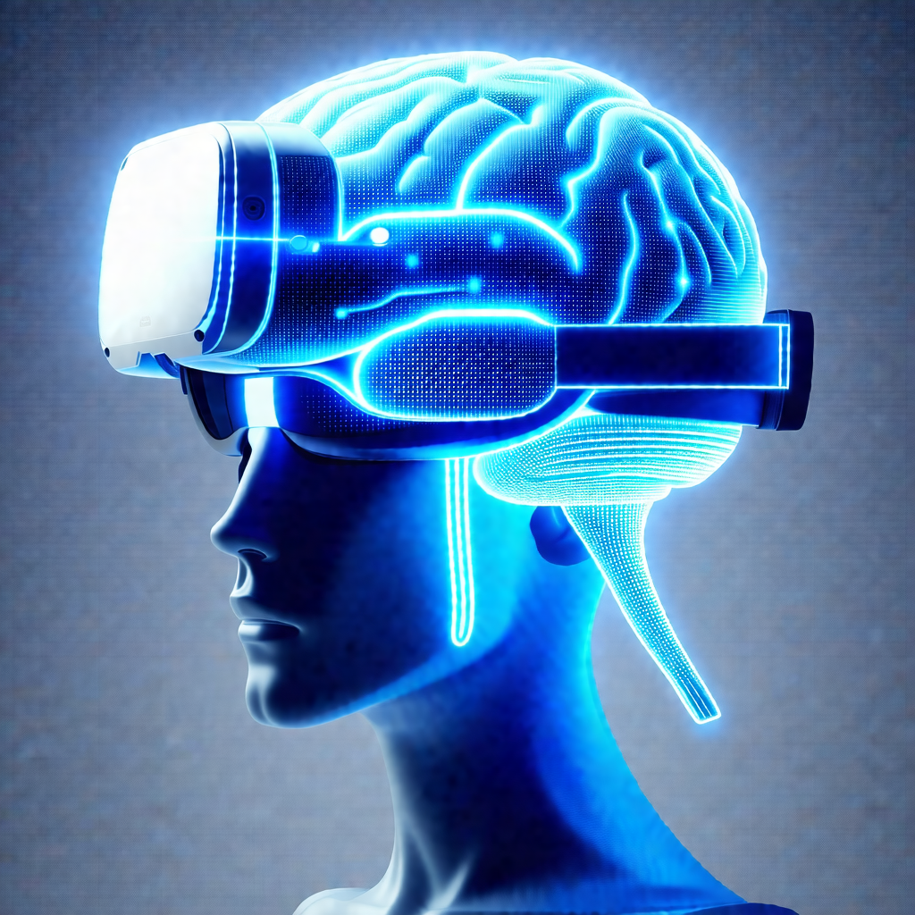 Close-up of a person's head, with a blue and white virtua...