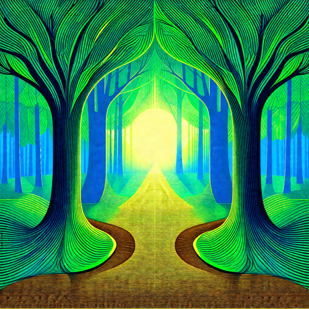 Painting of a forest with a pathway leading through it
