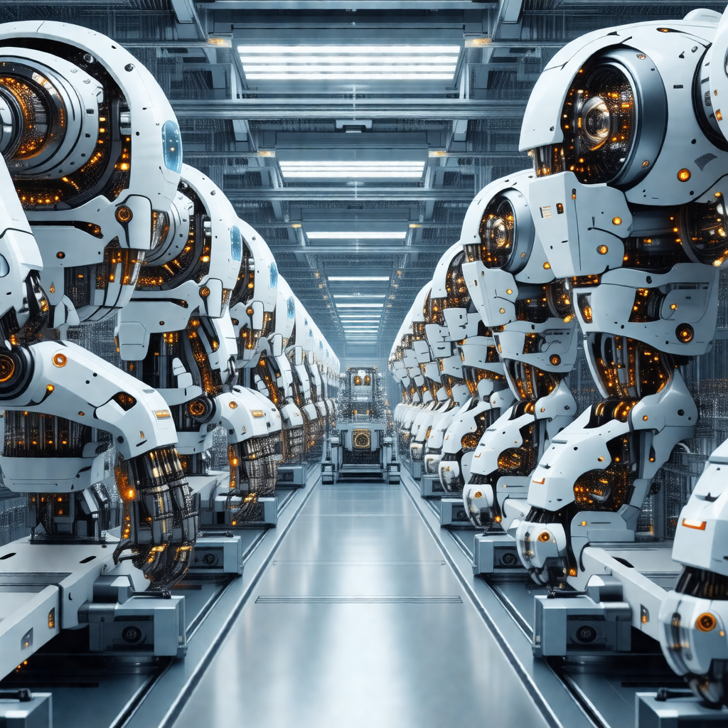 Factory with a large number of white robots lined up in rows