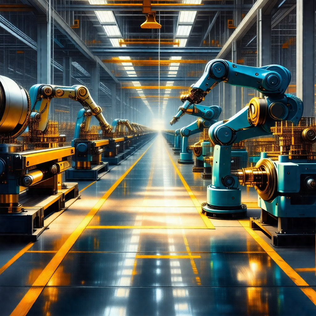 Factory with a long row of robots lined up on a conveyor ...