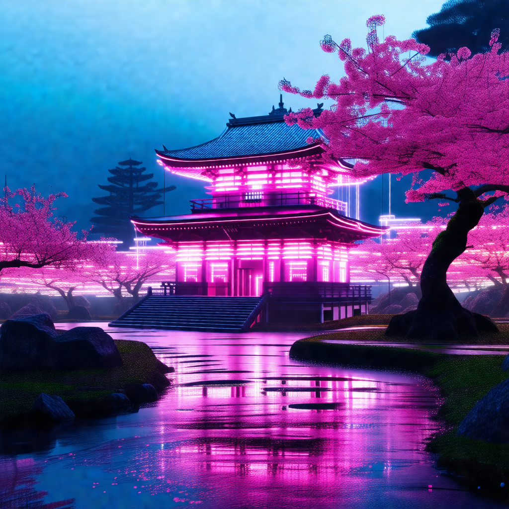 Digital painting of a beautiful asian palace with a pink ...