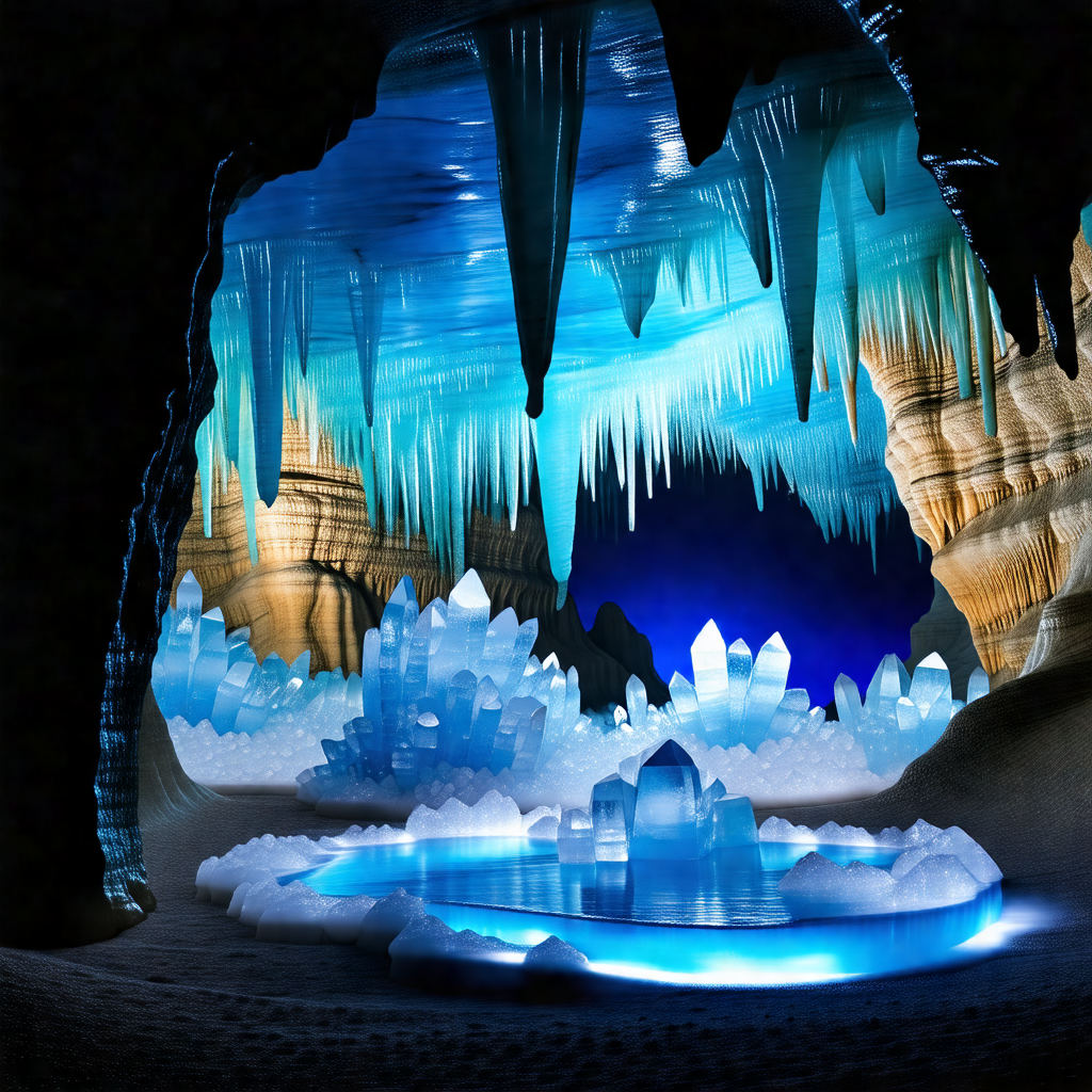Cave with a large blue ice formation in the center