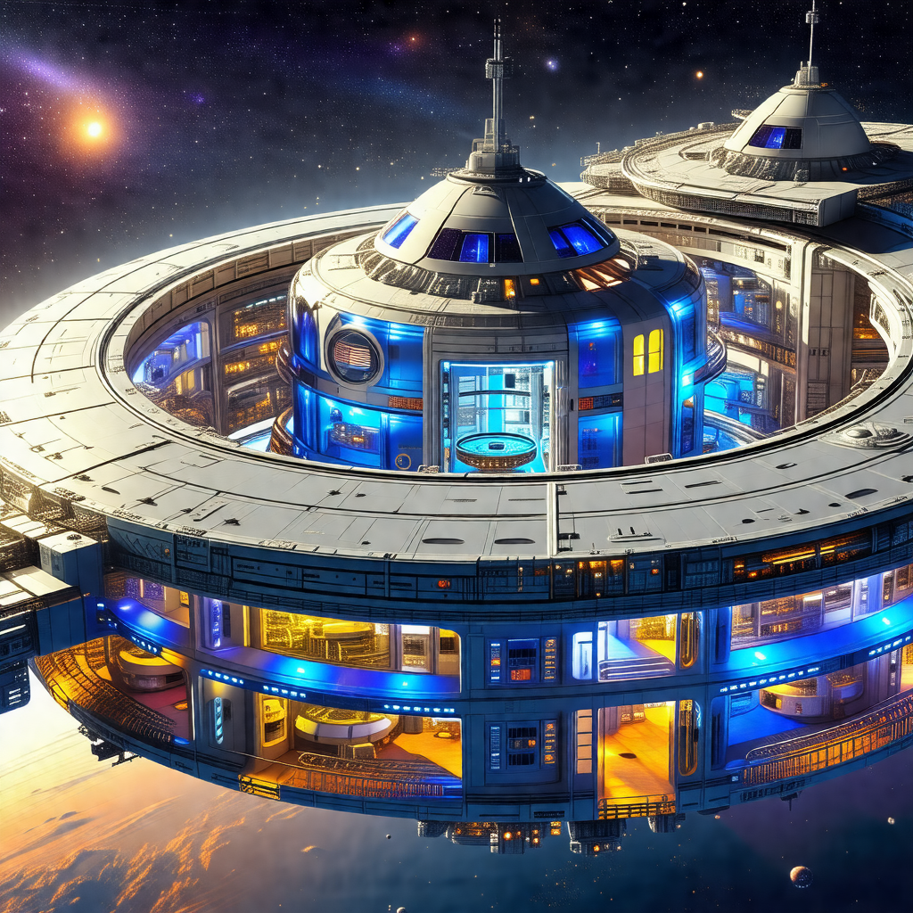Futuristic space station with a large, round, blue struct...