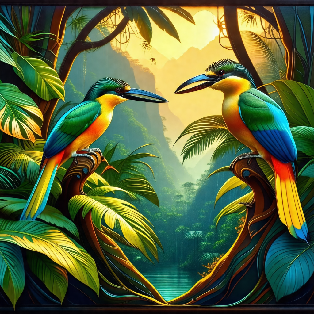 Two colorful birds perched on tree branches