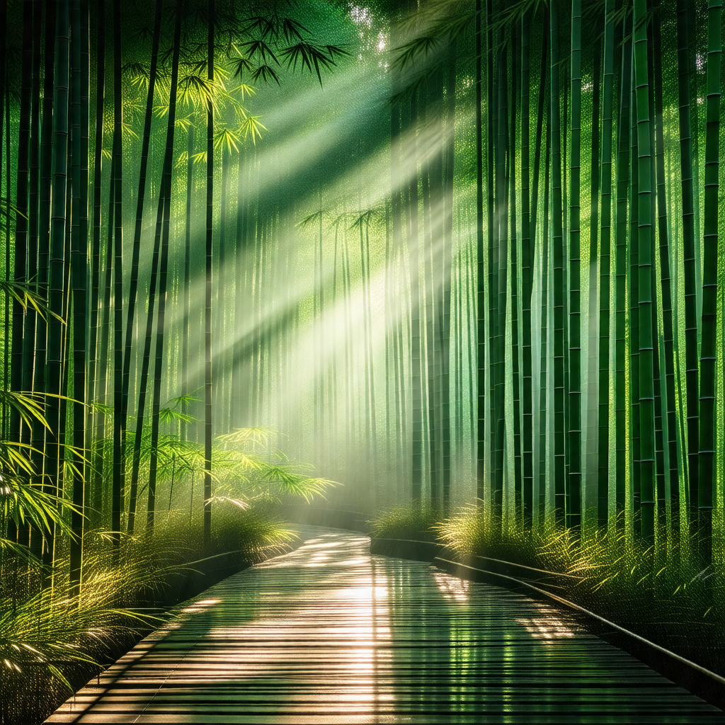 Pathway surrounded by a forest of tall, slender bamboo trees