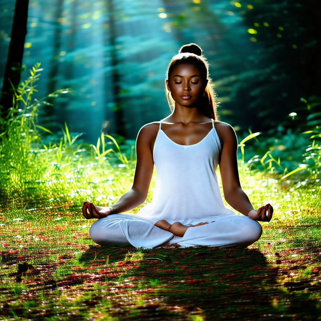 Woman sitting in a forest, surrounded by trees and grass