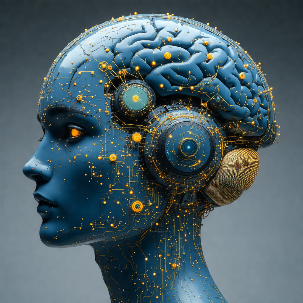 Close-up of a blue robotic head with a human-like face
