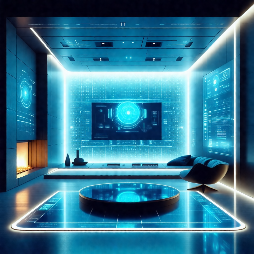 Futuristic living room with a large, curved glass wall