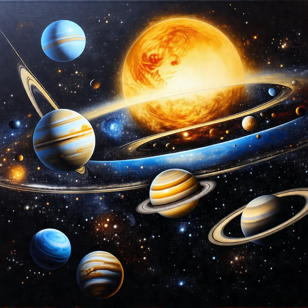 Painting of a solar system, featuring a variety of planet...