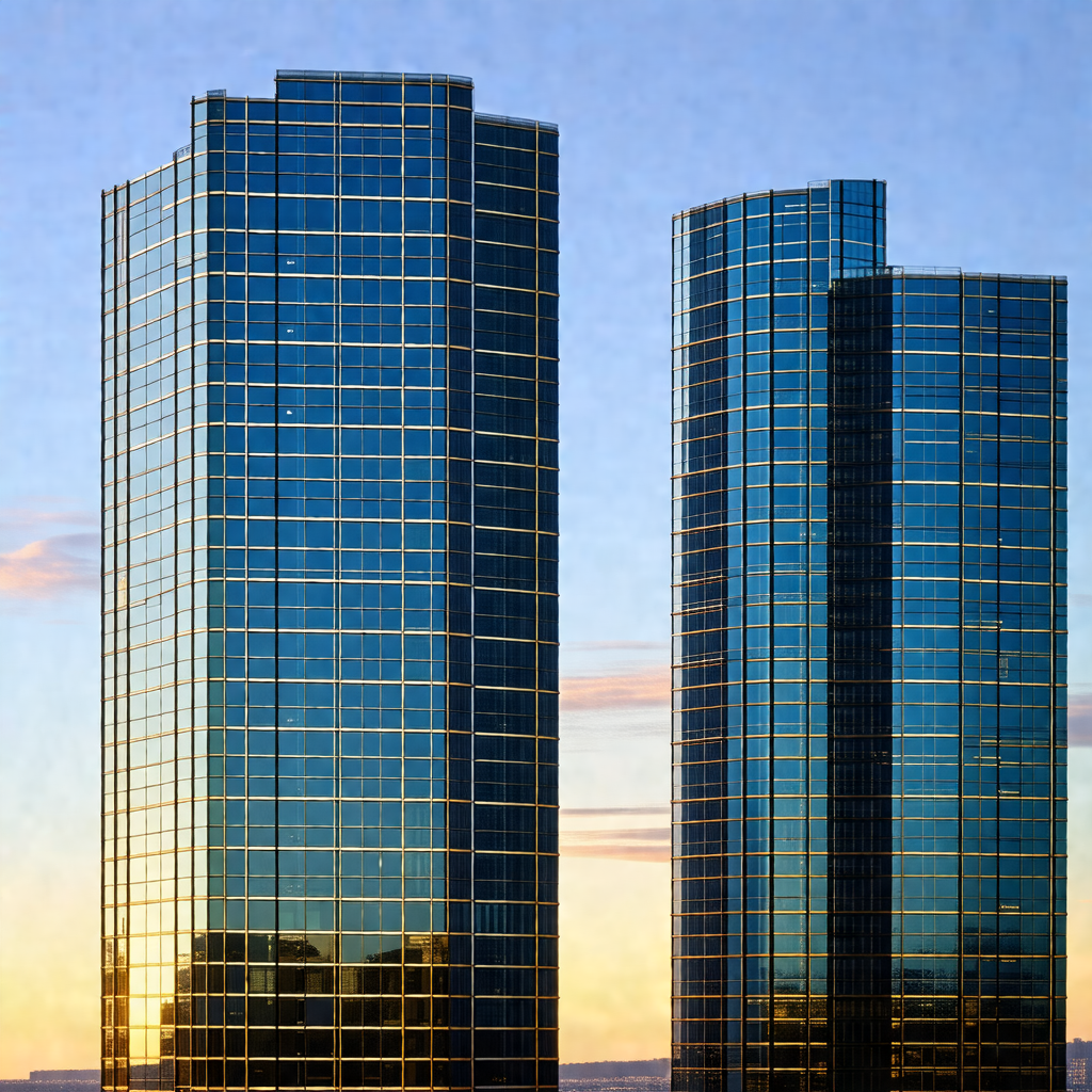 Two tall buildings with many windows, standing side by side