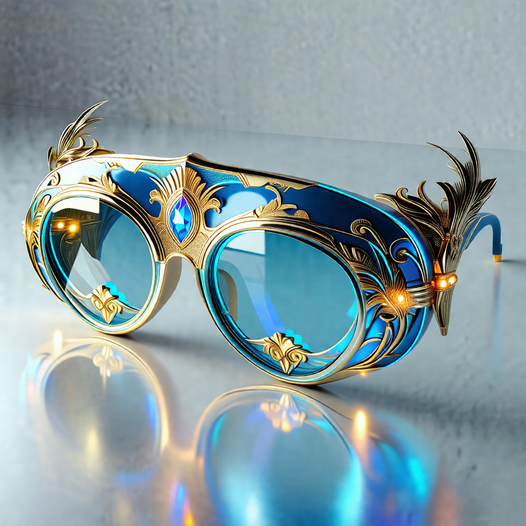 Pair of ornate, blue-tinted sunglasses with gold accents