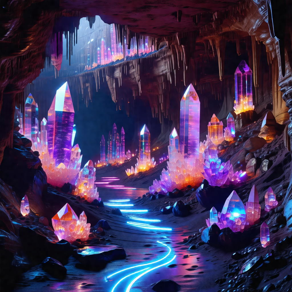 Cave with a blue light illuminating the space