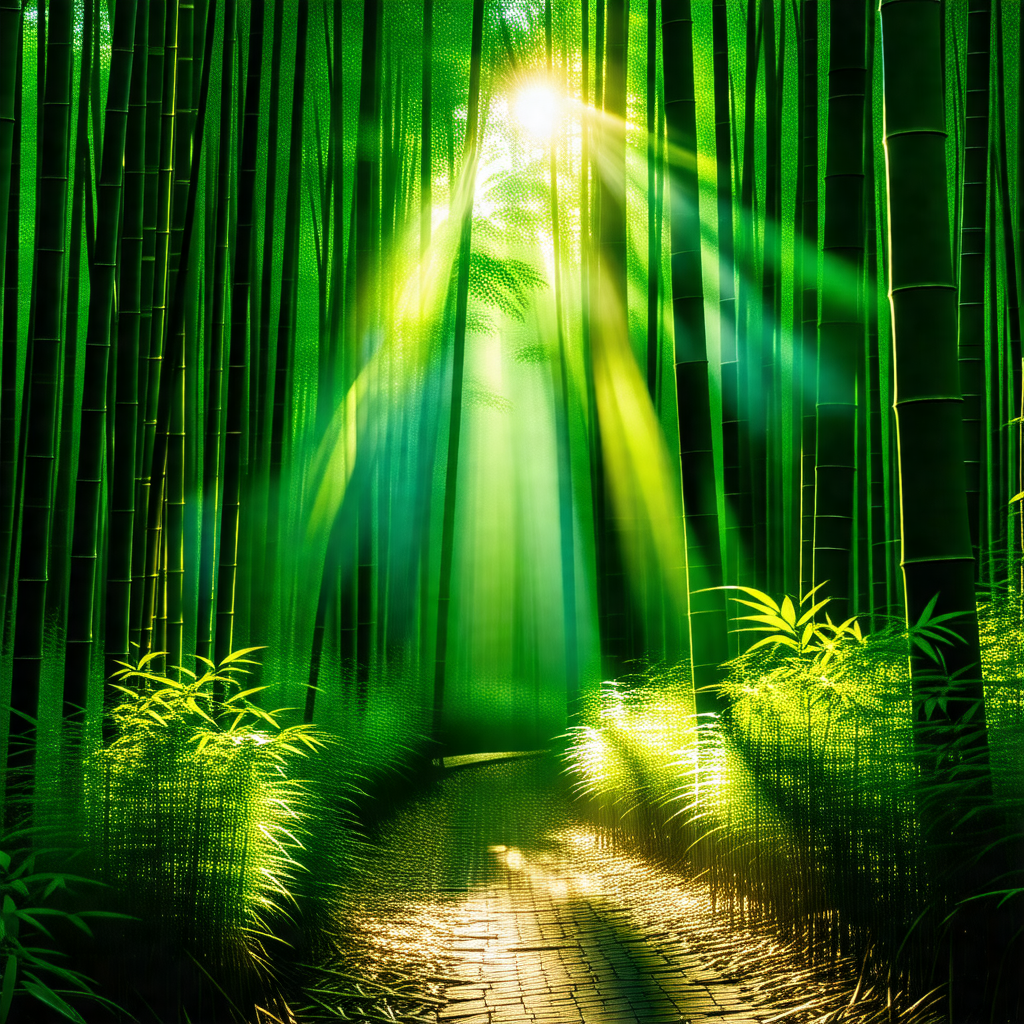 Pathway surrounded by a forest of bamboo trees
