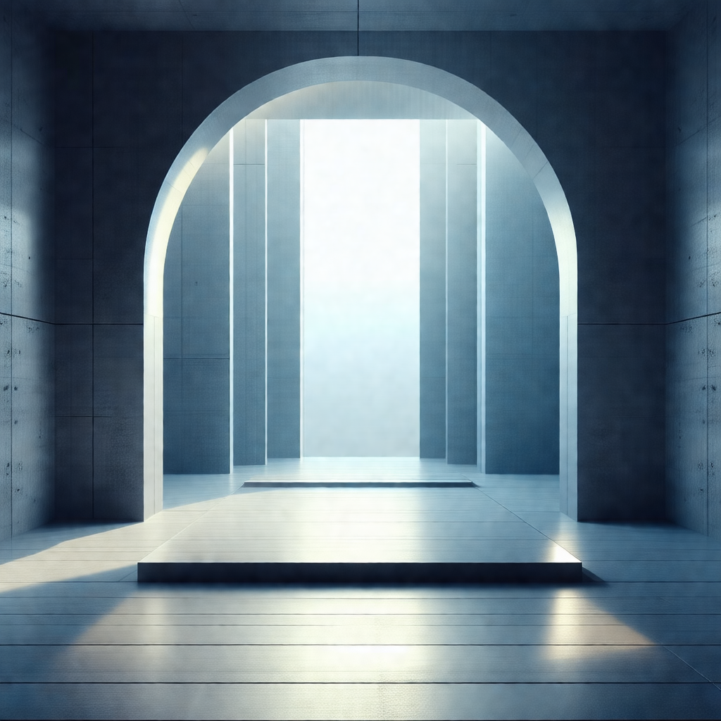 Black and white photo of a large, empty room with a high ...