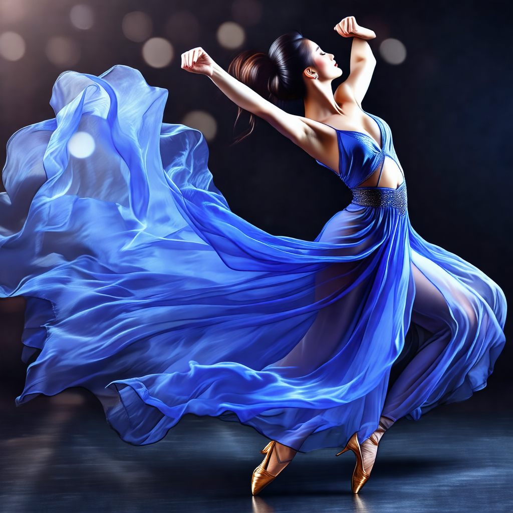 Woman in a blue dress, dancing on a stage