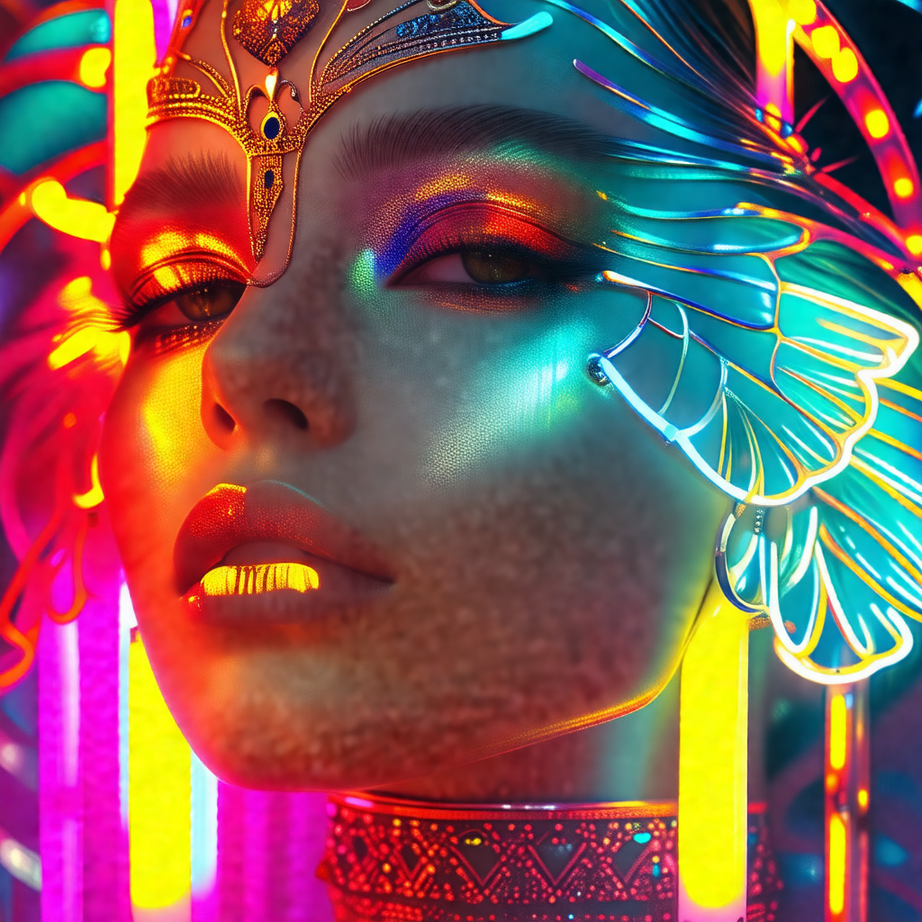 Woman with a unique and colorful headpiece, which appears...