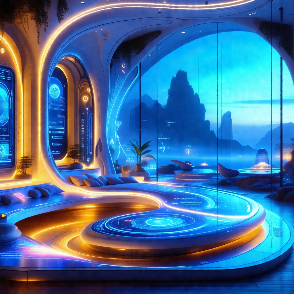Futuristic, computer-generated scene featuring a large, b...
