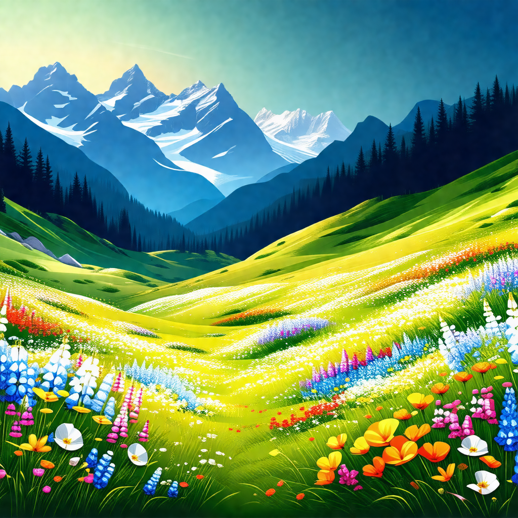 Beautiful, lush green field with a mountain range in the ...