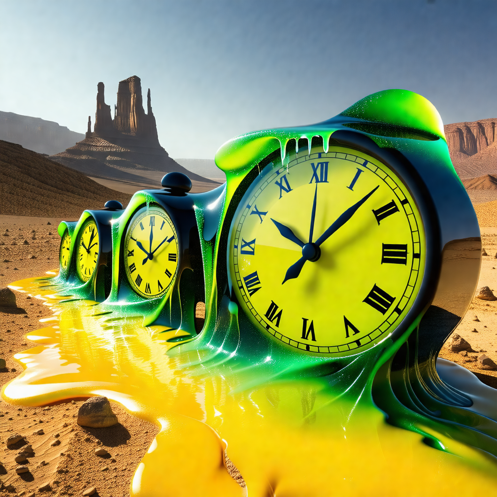 Clock with a green and yellow liquid dripping from it, cr...