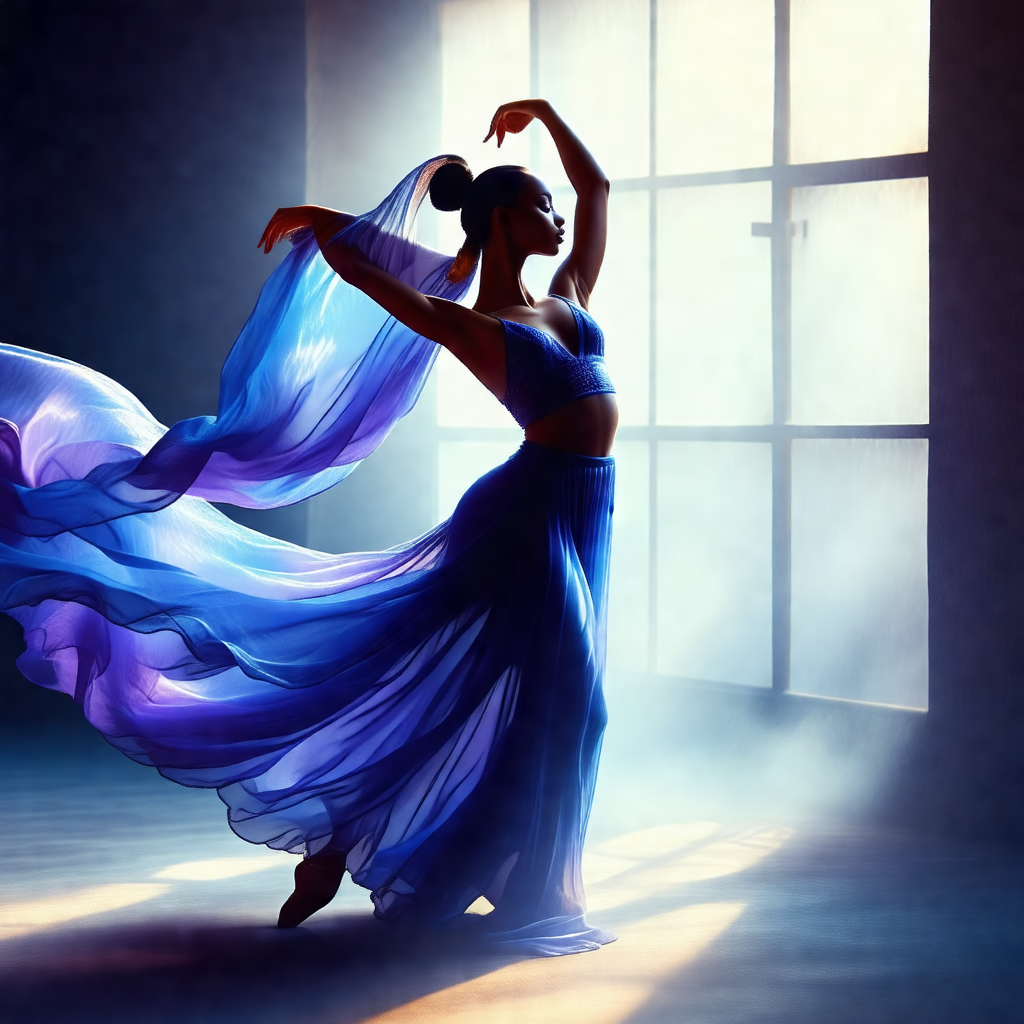 Woman in a blue dress, dancing in a room with a window