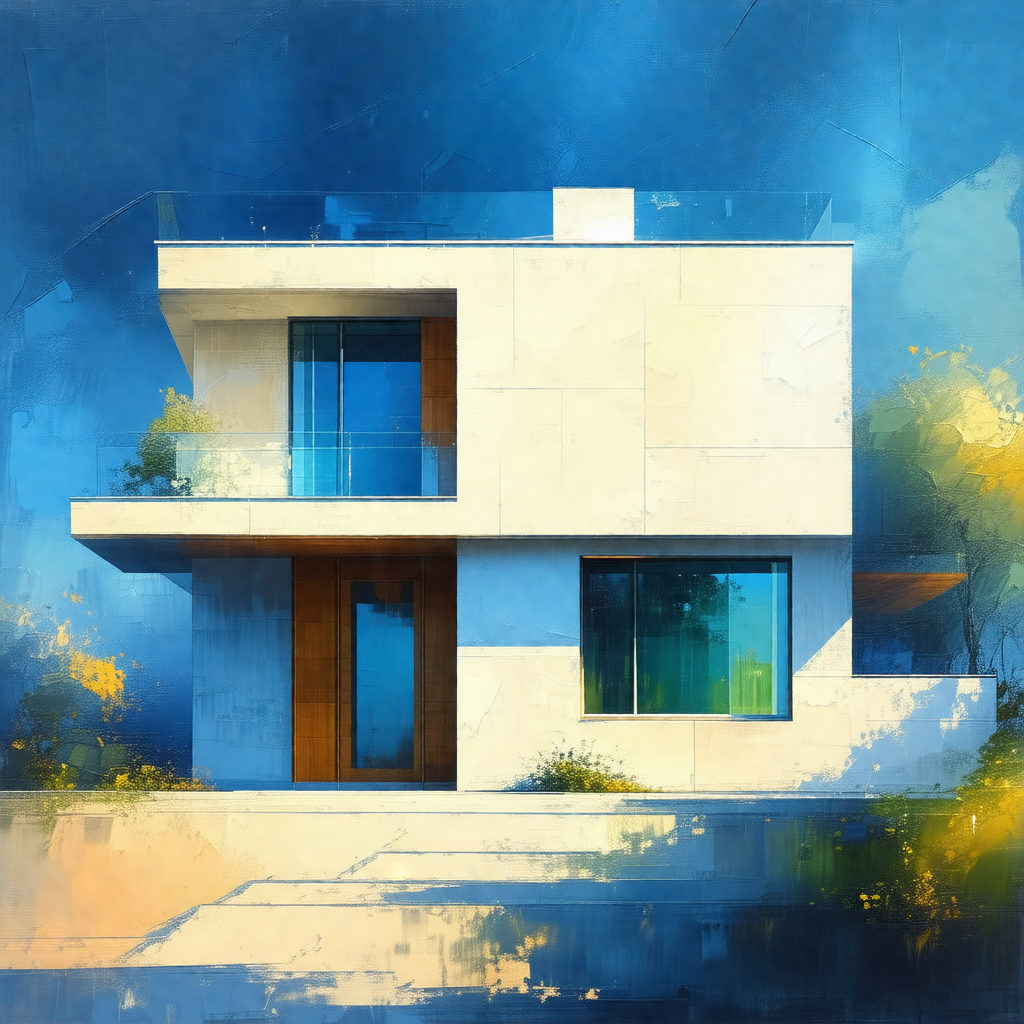 Painting of a large white house with a blue roof