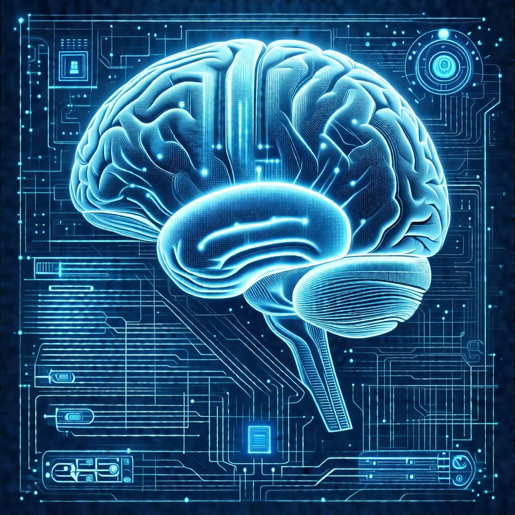 Blue and white illustration of a human brain