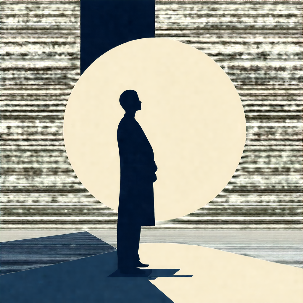 Man standing in a dark room, with a bright light shining ...