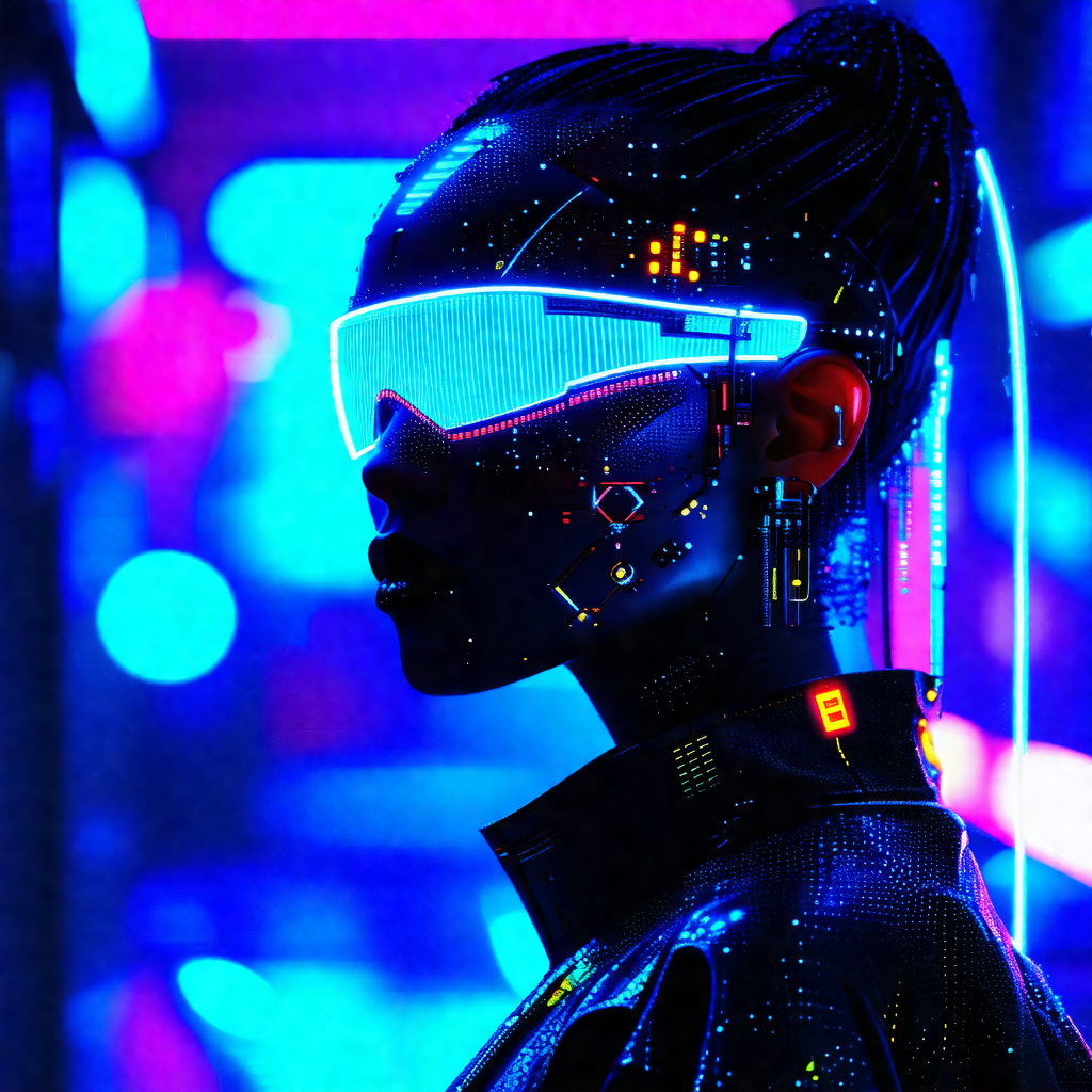 Woman wearing a futuristic outfit, including a black jack...