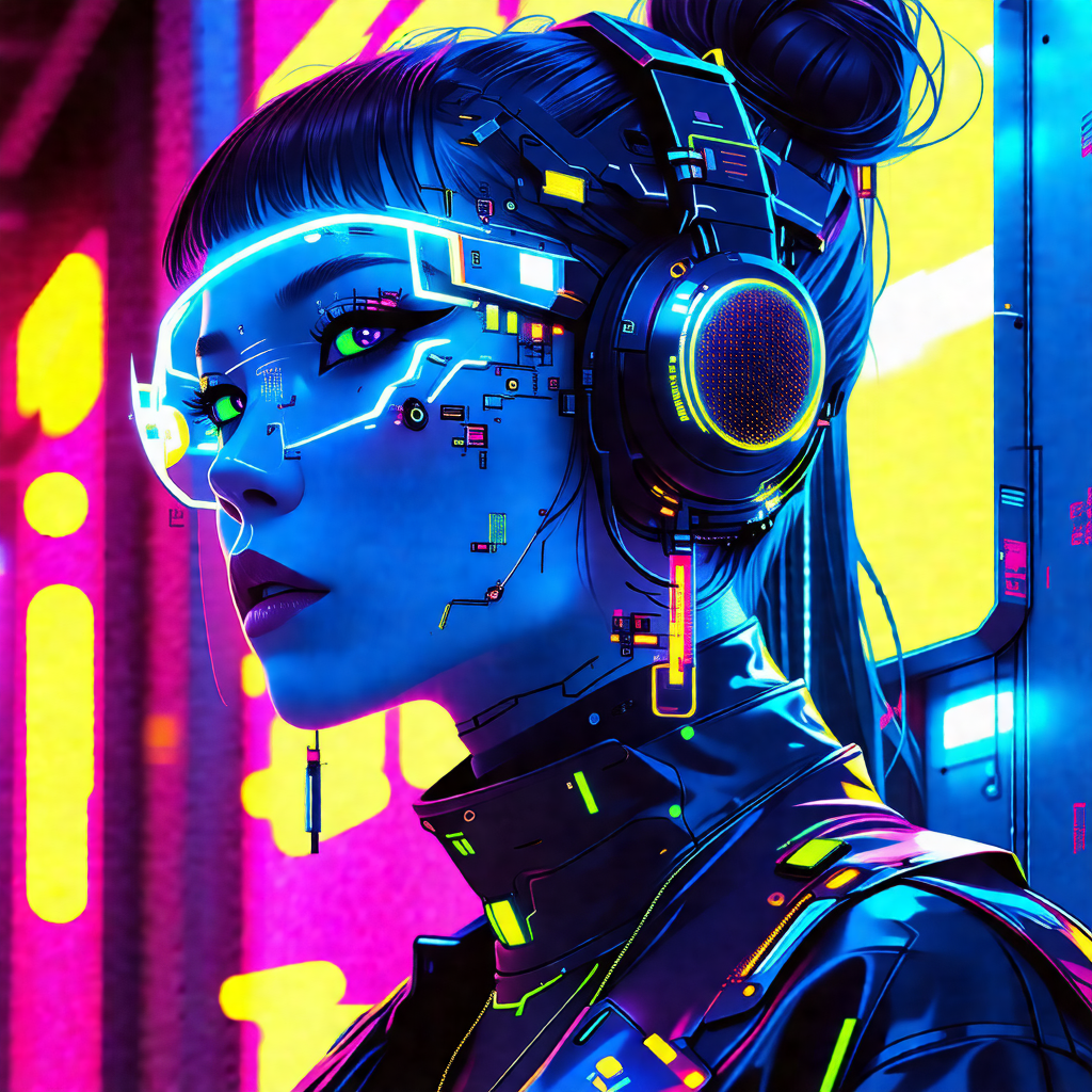 Woman wearing a futuristic outfit, including a black jack...