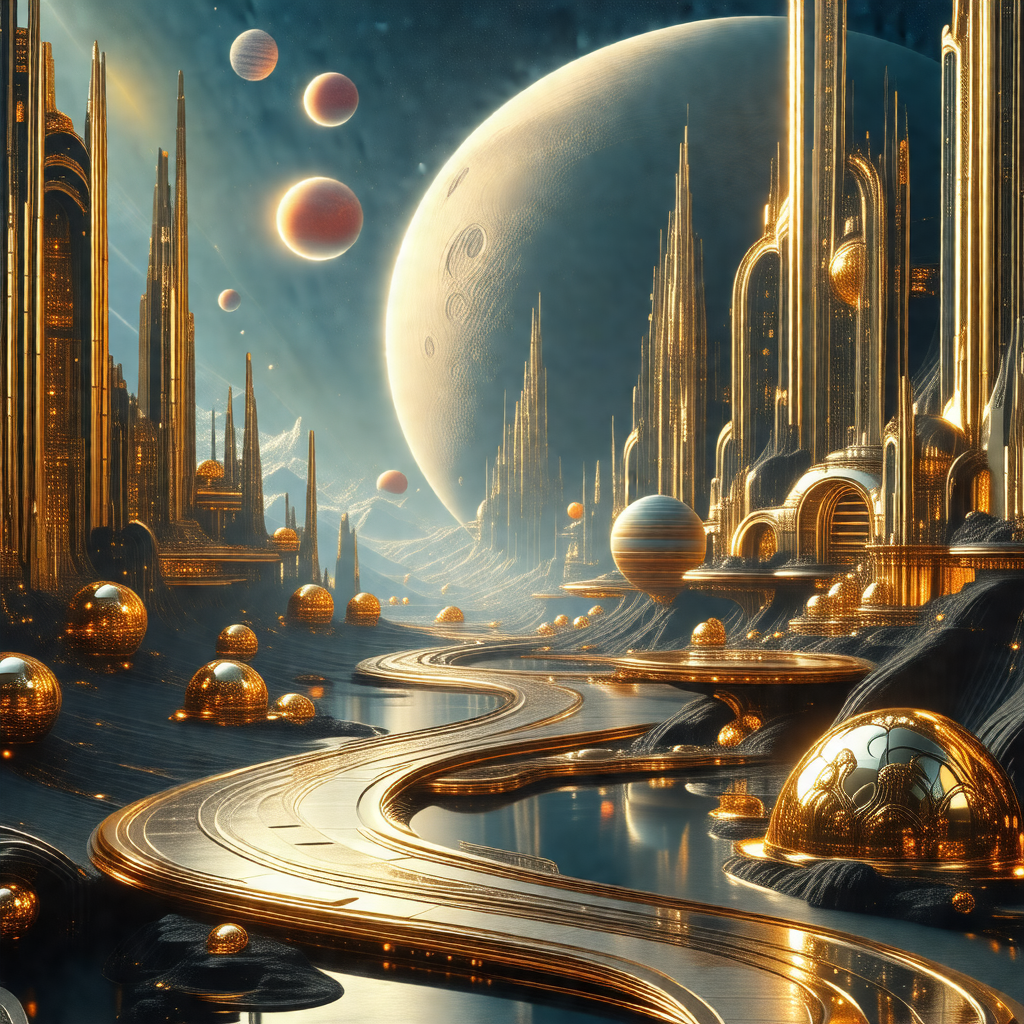Futuristic, fantasy-like scene featuring a long, winding ...