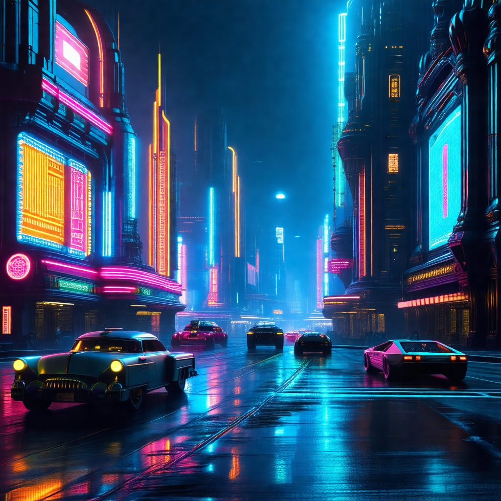 Futuristic cityscape with a group of cars driving down a ...