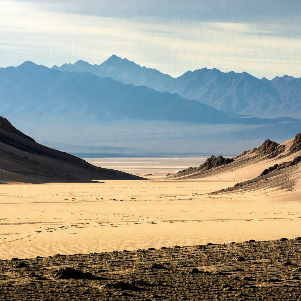 Vast, open desert landscape with a mountain range in the ...