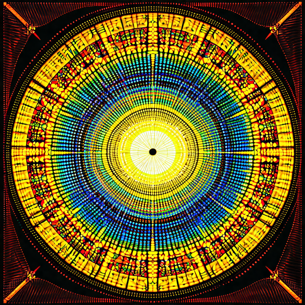 Colorful, abstract artwork featuring a large, circular pa...