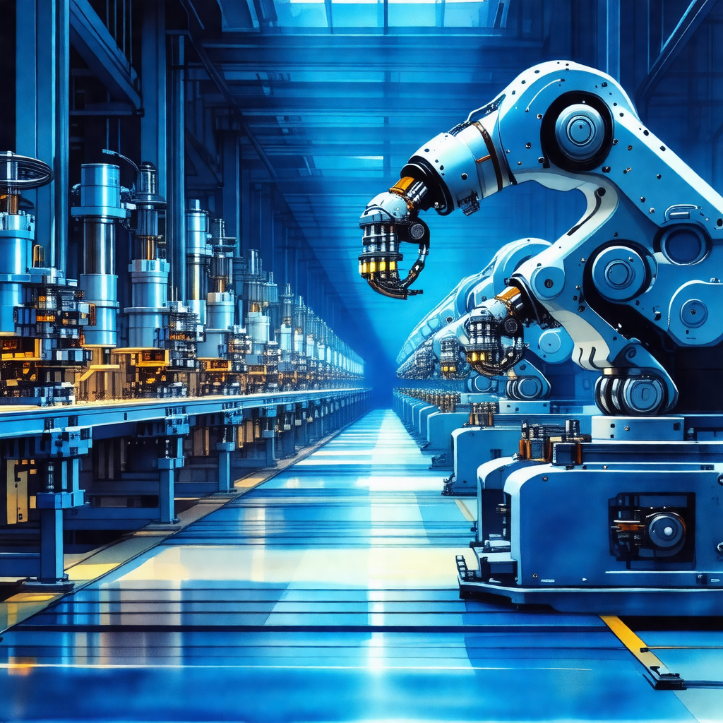 Blue and white painting of a factory floor with a large n...