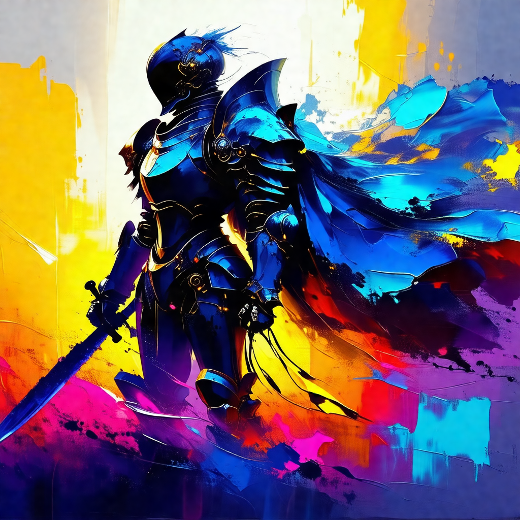 Knight in shining armor, standing in a colorful, artistic...