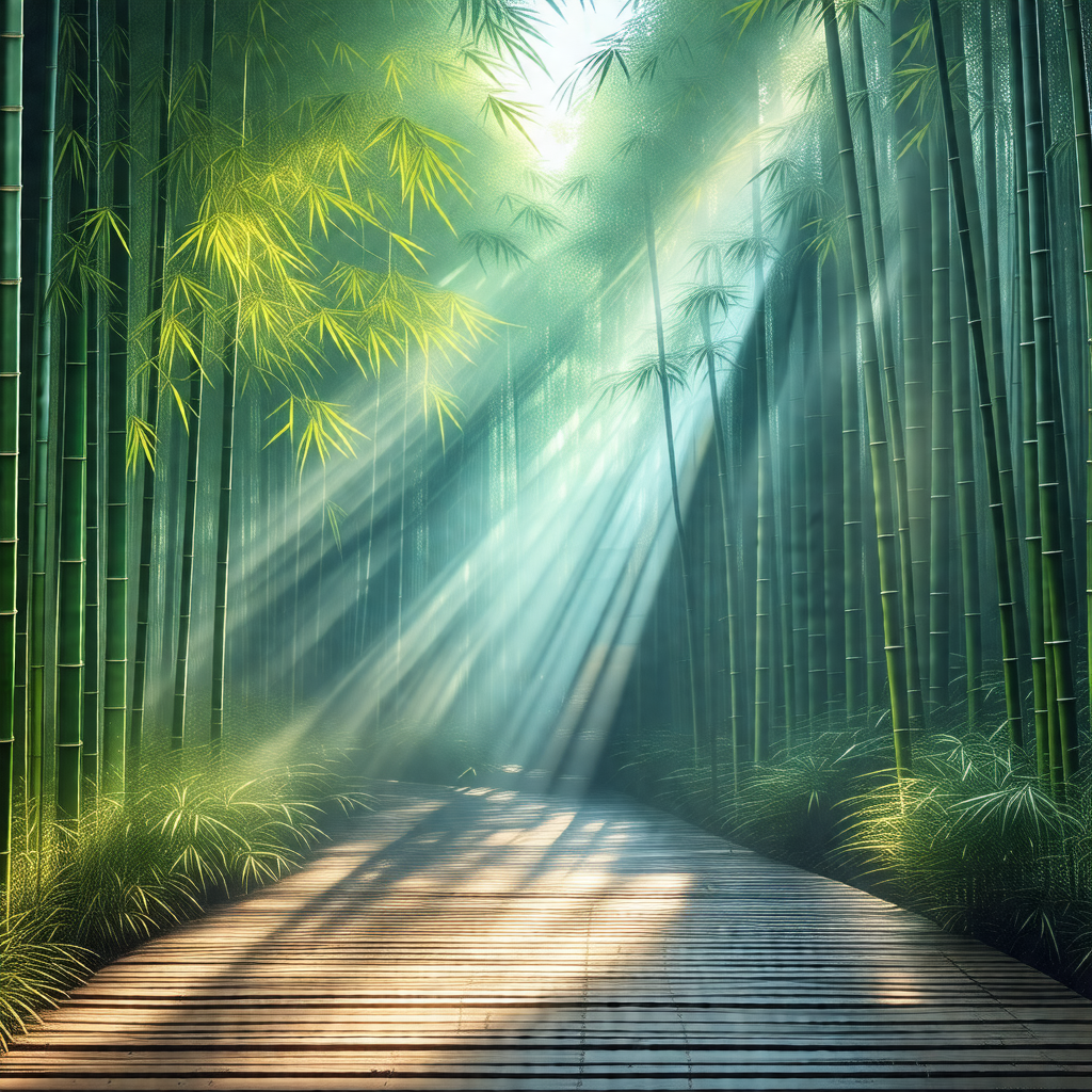 Pathway surrounded by a forest of bamboo trees