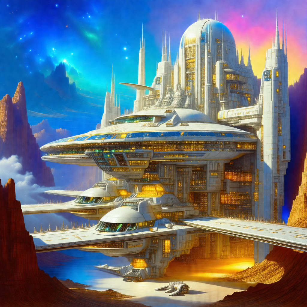 Painting of a futuristic city with a large, white, and ro...