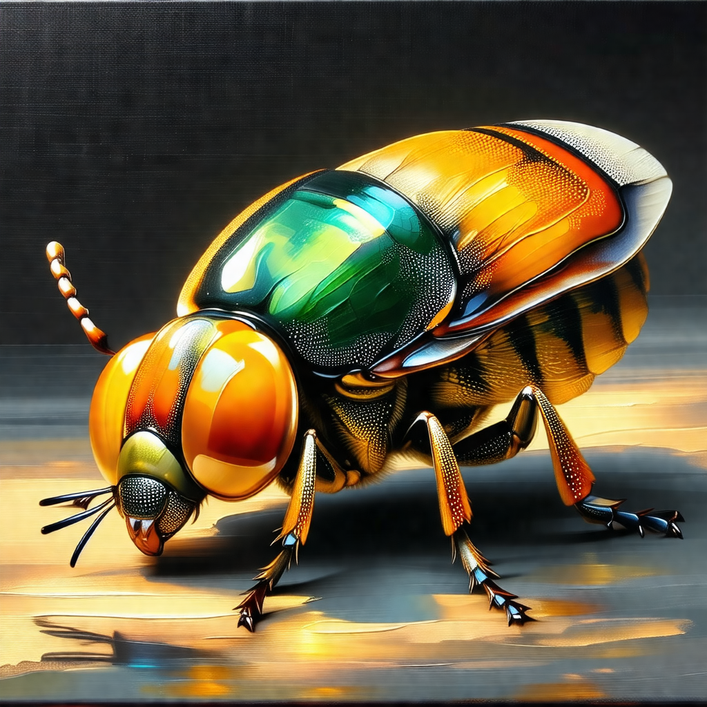 Large, colorful, and shiny beetle, possibly a scarab, sit...